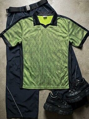 90s Y2K Street Culture Black Green Holographic Short Sleeve Top